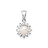 Sterling Silver Pendant with White Pearl and Cubic Zirconia Halo in Floral Sunburst Design