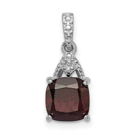 Sterling Silver Pendant with Cushion Cut Garnet and Diamond Accented Bail for Women
