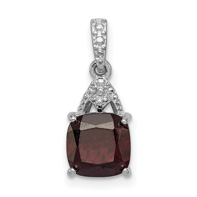 Sterling Silver Pendant with Cushion Cut Garnet and Diamond Accented Bail for Women