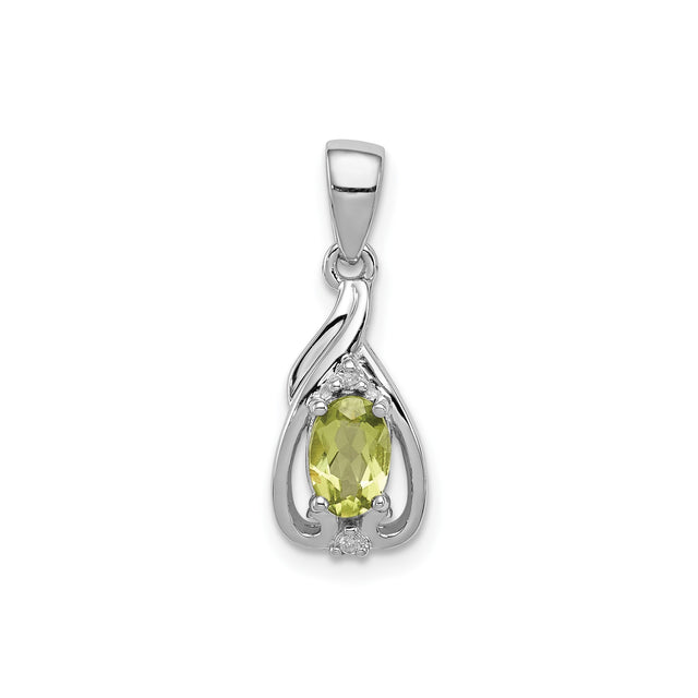 Sterling Silver Pendant with Peridot and Diamond, Oval Cut, Swirl and Filigree Design