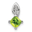 Sterling Silver Pendant with Peridot and Diamond, Cushion Cut, Heart Prong, Leaf Detail