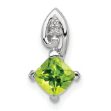 Sterling Silver Pendant with Peridot and Diamond, Cushion Cut, Heart Prong, Leaf Detail