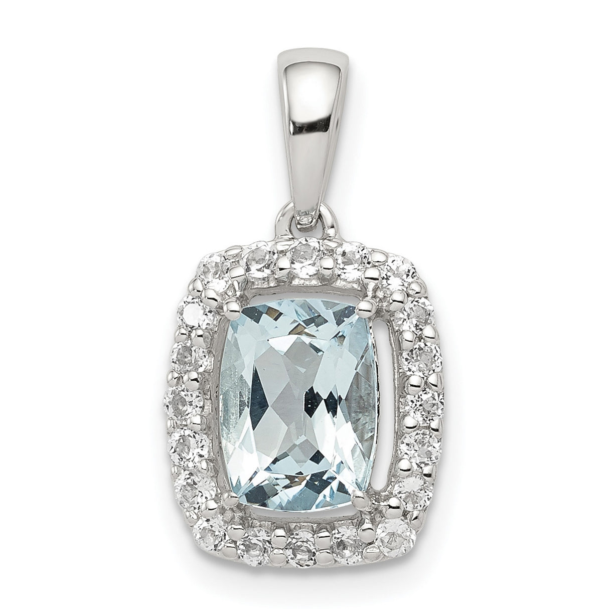Sterling Silver Pendant with Cushion Cut Aquamarine and White Topaz Halo