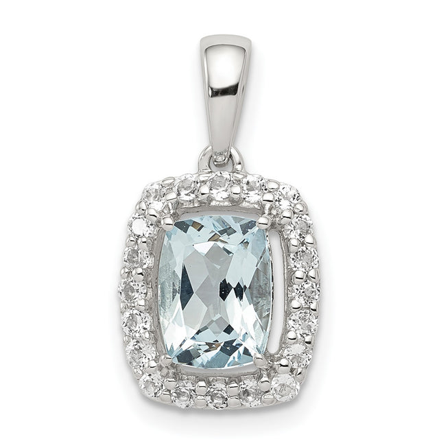 Sterling Silver Pendant with Cushion Cut Aquamarine and White Topaz Halo