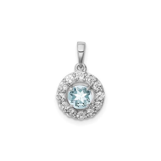 Sterling Silver Pendant with Aquamarine and Cubic Zirconia Halo for Women