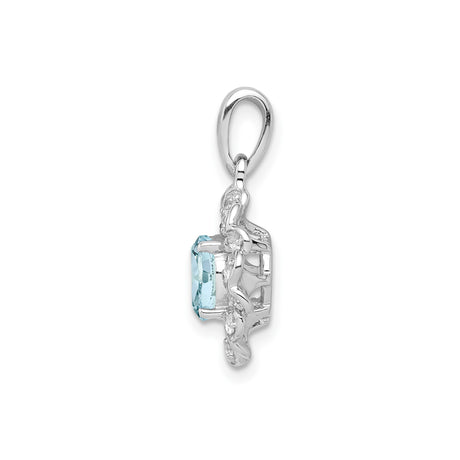 Sterling Silver Pendant with Aquamarine Center, Floral Heart Design and White Topaz Accents
