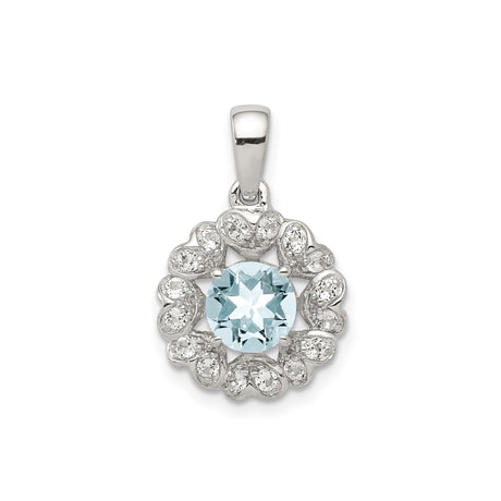 Sterling Silver Pendant with Aquamarine Center, Floral Heart Design and White Topaz Accents