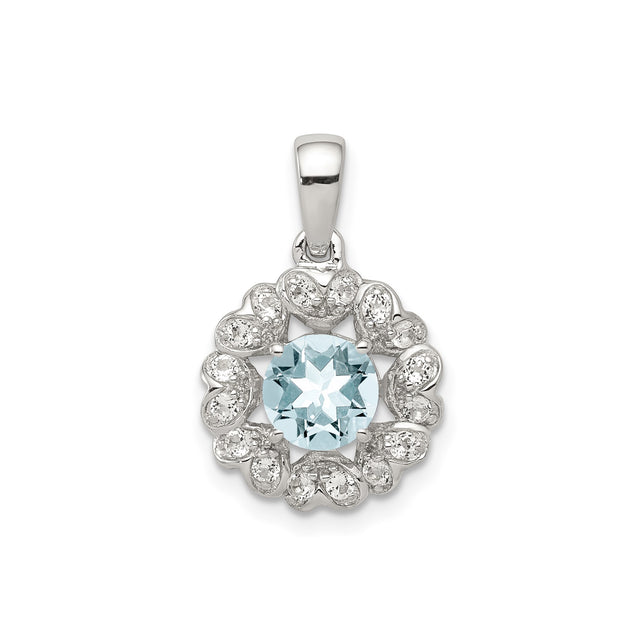 Sterling Silver Pendant with Aquamarine Center, Floral Heart Design and White Topaz Accents