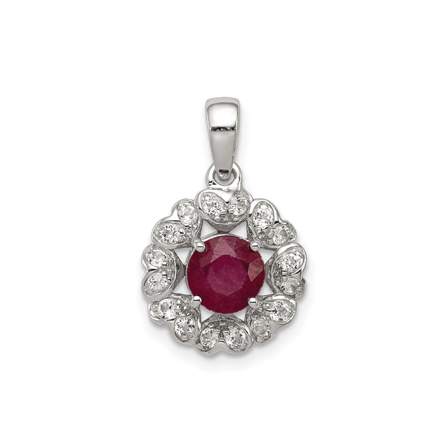 Sterling Silver Heart Pendant with Ruby Center and White Topaz Accents for Women