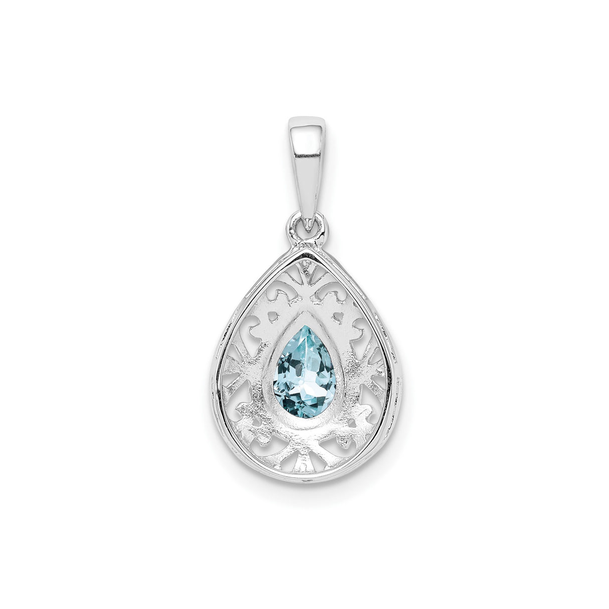 Sterling Silver Teardrop Pendant with Aquamarine, Filigree Scrollwork Design