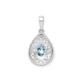 Sterling Silver Teardrop Pendant with Aquamarine, Filigree Scrollwork Design