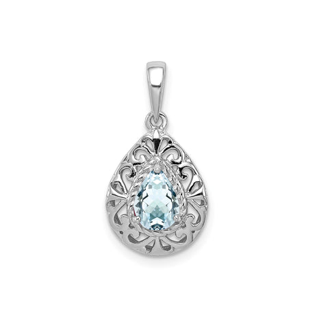 Sterling Silver Teardrop Pendant with Aquamarine, Filigree Scrollwork Design