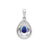 Sterling Silver Teardrop Pendant with Sapphire, Ornate Filigree Scrollwork, Vintage Style