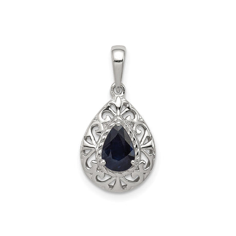 Sterling Silver Teardrop Pendant with Sapphire, Ornate Filigree Scrollwork, Vintage Style