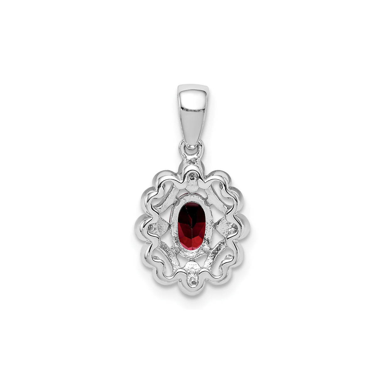 Sterling Silver Pendant with Garnet and Diamond, Filigree Scrollwork, Vintage Gothic Style
