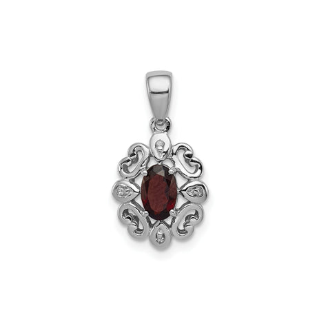 Sterling Silver Pendant with Garnet and Diamond, Filigree Scrollwork, Vintage Gothic Style