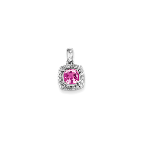 Sterling Silver Pendant with Cushion-Cut Pink Tourmaline and Diamond Halo Design