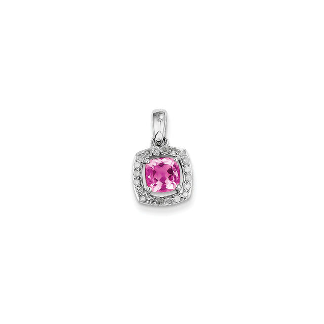 Sterling Silver Pendant with Cushion-Cut Pink Tourmaline and Diamond Halo Design
