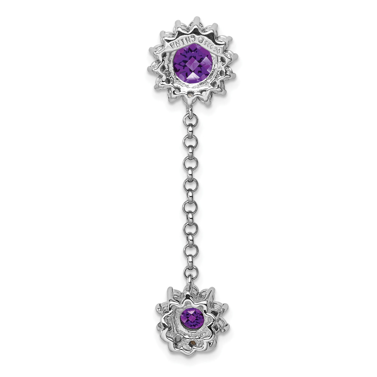 Sterling Silver Dangle Earrings with Amethyst in Floral Halo Setting and Chain Link Design