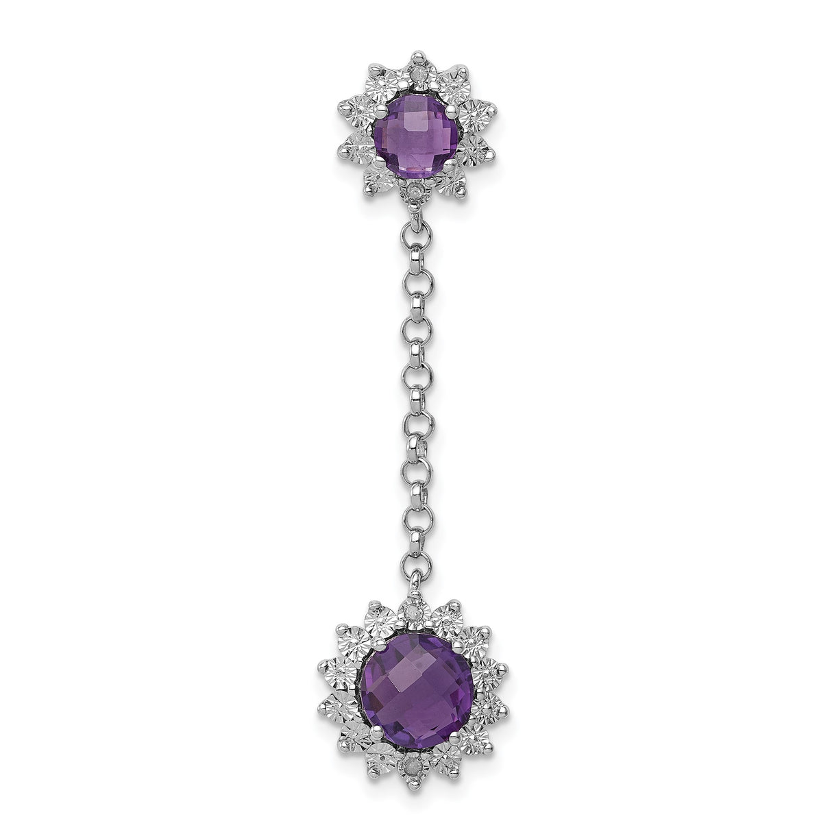 Sterling Silver Dangle Earrings with Amethyst in Floral Halo Setting and Chain Link Design