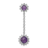 Sterling Silver Dangle Earrings with Amethyst in Floral Halo Setting and Chain Link Design