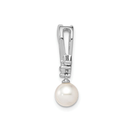 Sterling Silver Pendant with White Freshwater Pearl and Diamond, Ribbon Design for Women
