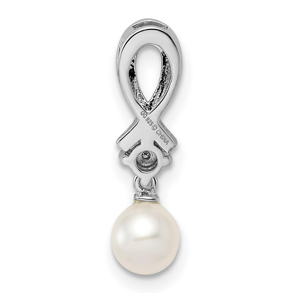 Sterling Silver Pendant with White Freshwater Pearl and Diamond, Ribbon Design for Women