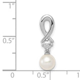 Sterling Silver Pendant with White Freshwater Pearl and Diamond, Ribbon Design for Women