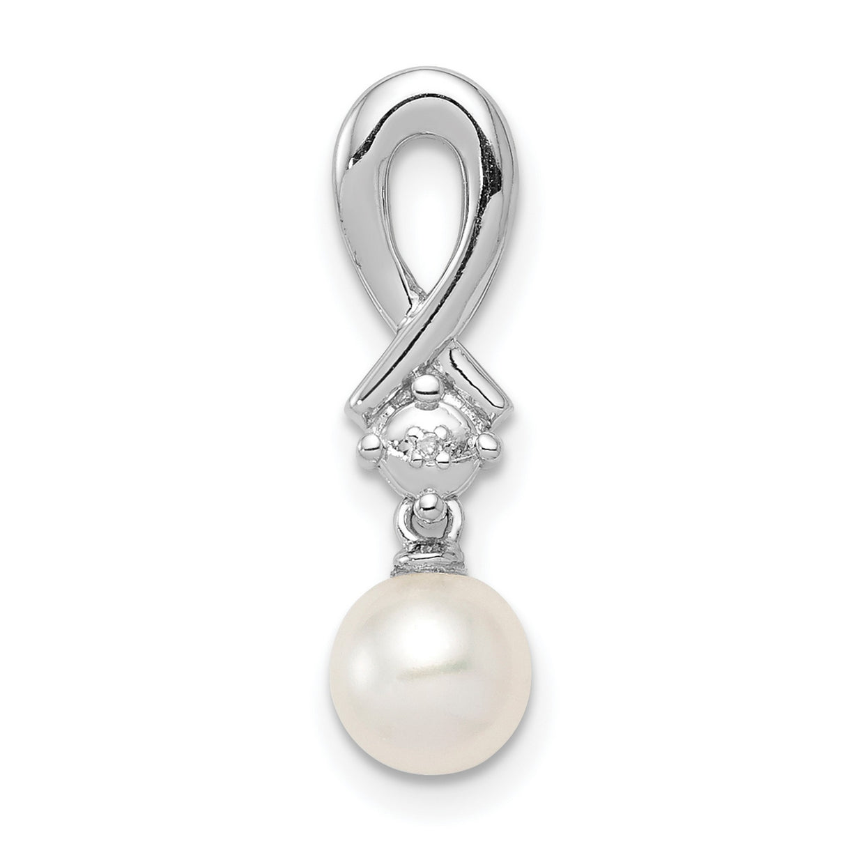 Sterling Silver Pendant with White Freshwater Pearl and Diamond, Ribbon Design for Women