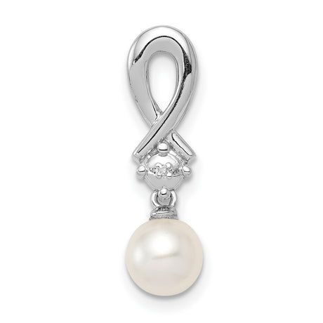 Sterling Silver Pendant with White Freshwater Pearl and Diamond, Ribbon Design for Women