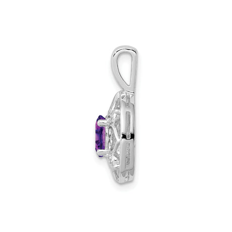 Sterling Silver Pendant with Oval Amethyst and Diamond Accents, Filigree Heart, Celtic Vintage Style