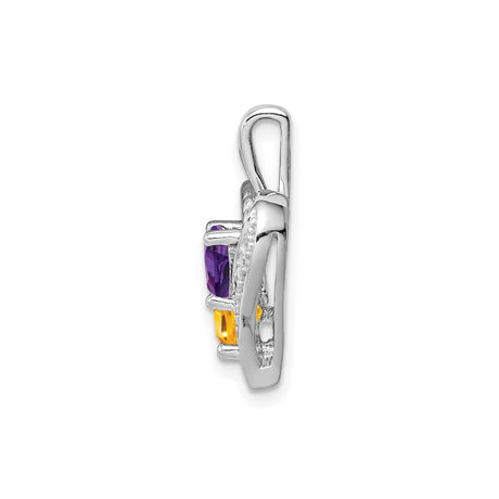 Sterling Silver Heart Pendant with Amethyst and Citrine, Intertwined Open Heart Design