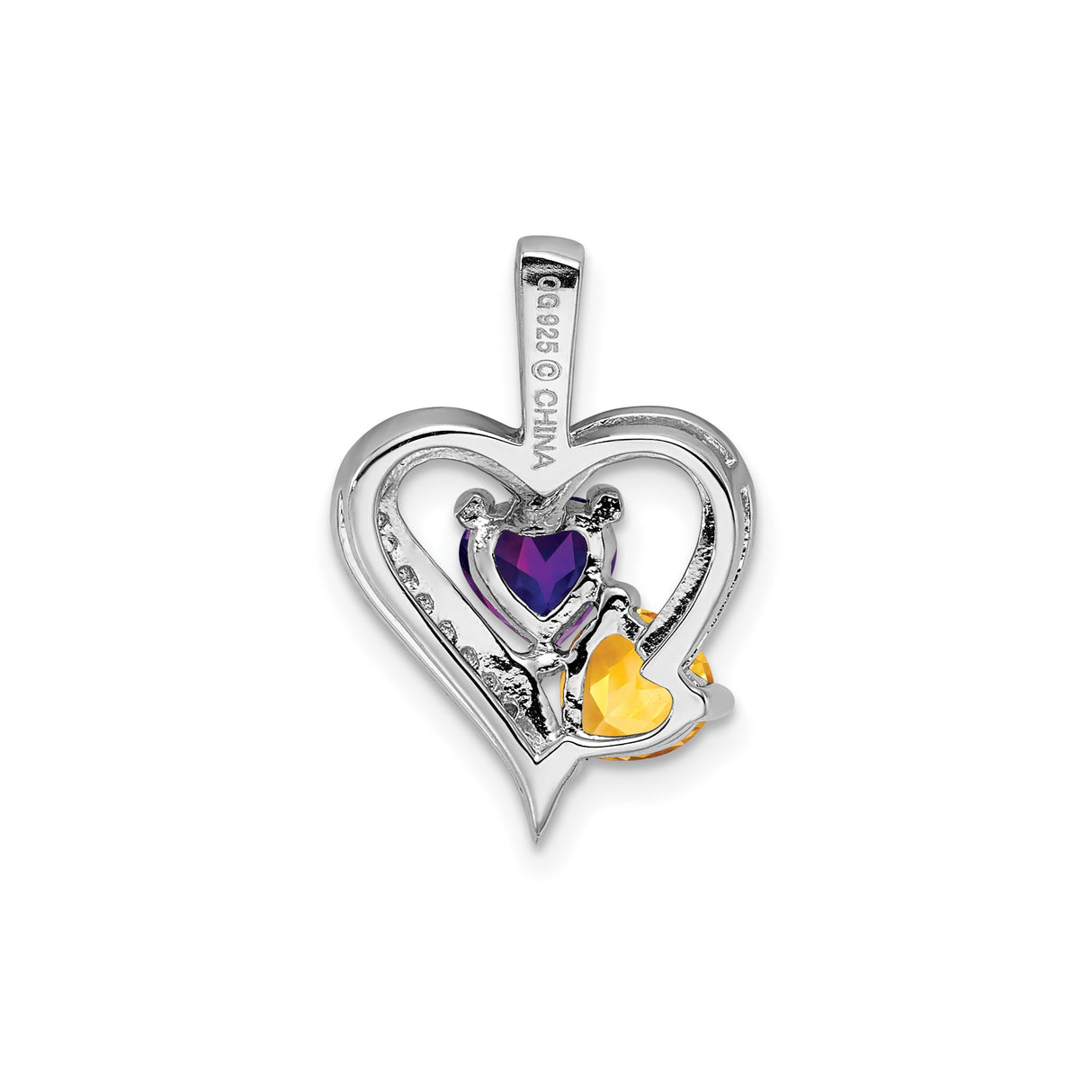 Sterling Silver Heart Pendant with Amethyst and Citrine, Intertwined Open Heart Design