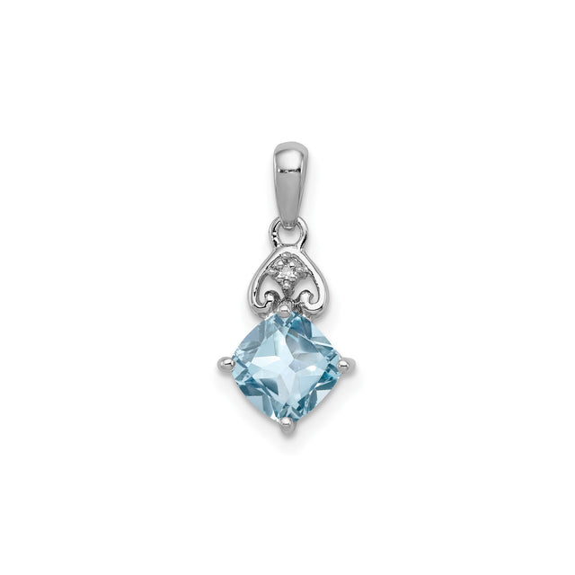 Sterling Silver Pendant with Cushion Cut Sky Blue Topaz, Diamond Accent, Fleur-de-Lis Design