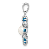 Sterling Silver Pendant with White Pearl and Diamond, Teardrop Floral Design with Ribbon Accents