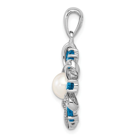 Sterling Silver Pendant with White Pearl and Diamond, Teardrop Floral Design with Ribbon Accents