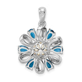 Sterling Silver Pendant with White Pearl and Diamond, Teardrop Floral Design with Ribbon Accents