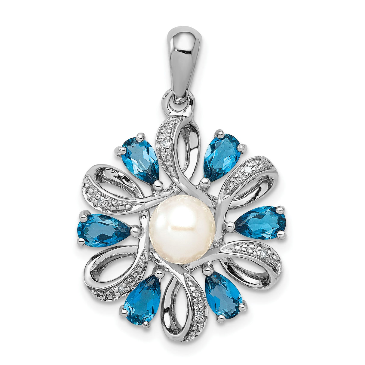 Sterling Silver Pendant with White Pearl and Diamond, Teardrop Floral Design with Ribbon Accents