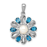 Sterling Silver Pendant with White Pearl and Diamond, Teardrop Floral Design with Ribbon Accents