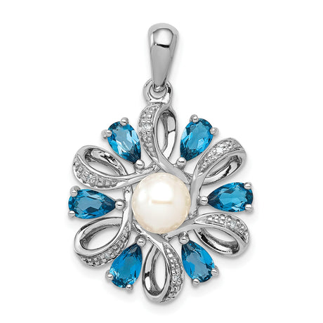 Sterling Silver Pendant with White Pearl and Diamond, Teardrop Floral Design with Ribbon Accents