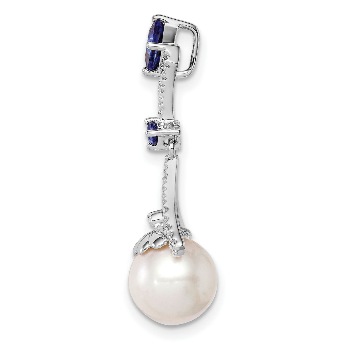 Sterling Silver Pendant with White Pearl, Blue Sapphire Accents, Cubic Zirconia Pavé