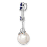 Sterling Silver Pendant with White Pearl, Blue Sapphire Accents, Cubic Zirconia Pavé