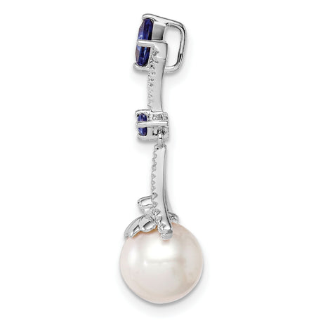 Sterling Silver Pendant with White Pearl, Blue Sapphire Accents, Cubic Zirconia Pavé