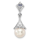 Sterling Silver Pendant with White Pearl, Blue Sapphire Accents, Cubic Zirconia Pavé