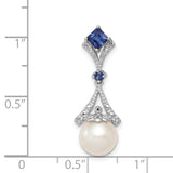 Sterling Silver Pendant with White Pearl, Blue Sapphire Accents, Cubic Zirconia Pavé