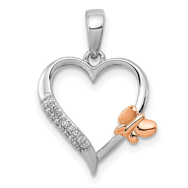 Butterfly Diamond Heart Charm Pendant in Real 925 Sterling Silver