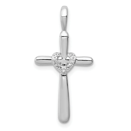 Sterling Silver Cross Pendant with Diamond Accent, Mirror Finish and Minimalist Heart Design