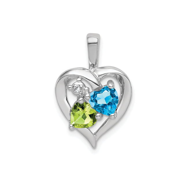Sterling Silver Heart Pendant with Swiss Blue Topaz and Peridot, Romantic Couples Jewelry
