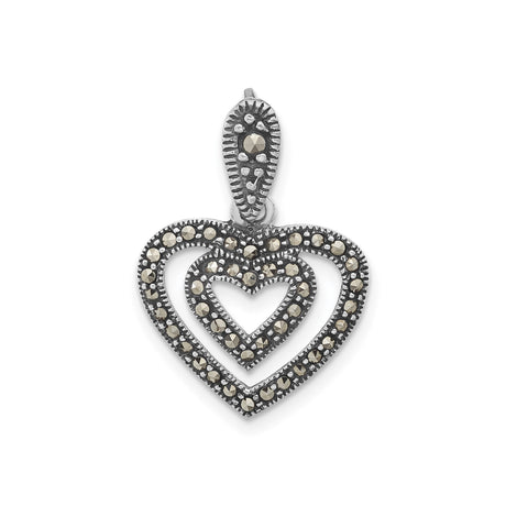 Sterling Silver Heart Pendant with Dual Open Hearts and Marcasite Stones, Vintage Romantic Design