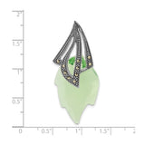 Sterling Silver Leaf Pendant with Green Crystal and Marcasite, Art Deco Botanical Design